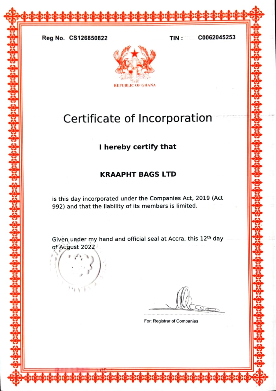 Kraapht Bags Ltd company registration certificate